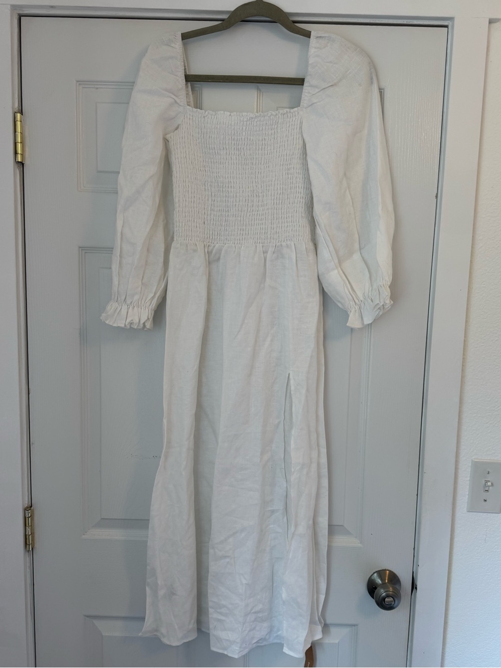 Reformation White Smocked 100% Linen Midi Dress with Puff Sleeves